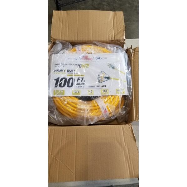 AS NEW 100FT HEAVY DUTY 3 OUTLET YELLOW EXTENSION CORD. 12AWG/3C