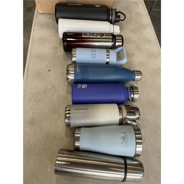 BOX OF METAL LIQUID BOTTLES YETI, THERMOS, THERMOFLASK AND MORE
