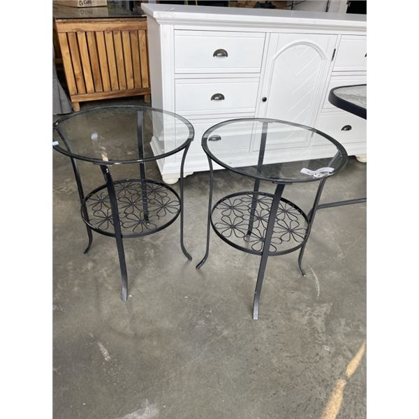 PAIR OF METAL OUTDOOR GLASS TOP TABLES