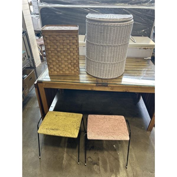 2 WICKER HAMPERS AND 2 STOOLS