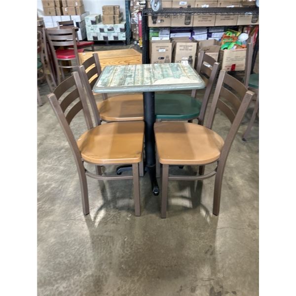 PUB TABLE WITH 3 BROWN AND A GREEN CHAIR