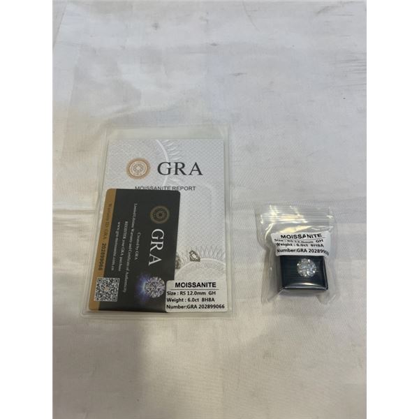 NEW 6.0CT MOISSANITE STONE, ROUND BRILLIANT CUT, GH-VVS1 TESTS POSITIVE W/ DIAMOND TESTER - RETAIL $
