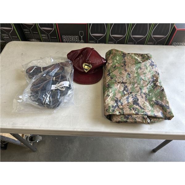4 LEATHER BELTS AND RED SUPERMAN HAT AND CAMO PONCHO