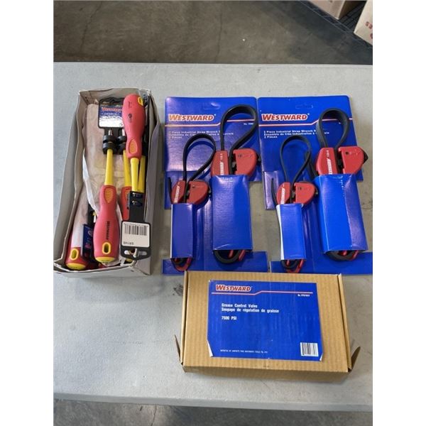 CASE OF 12 NEW WESTWARD #1 X 4 INCH INSULATED SCREWDRIVERS, NEW GREASE CONTROL VALVE, AND 2 - 2PC ST