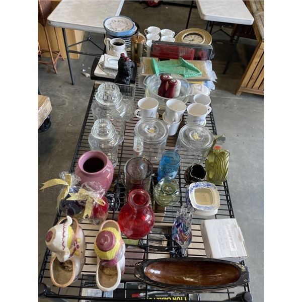 2 BOXES OF ESTATE GOODS - CHINA CUPS, GLASS LIDDED JARS, FIGURES, TABLE CLOTHES, ETC