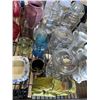 Image 3 : 2 BOXES OF ESTATE GOODS - CHINA CUPS, GLASS LIDDED JARS, FIGURES, TABLE CLOTHES, ETC
