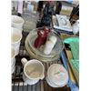 Image 4 : 2 BOXES OF ESTATE GOODS - CHINA CUPS, GLASS LIDDED JARS, FIGURES, TABLE CLOTHES, ETC