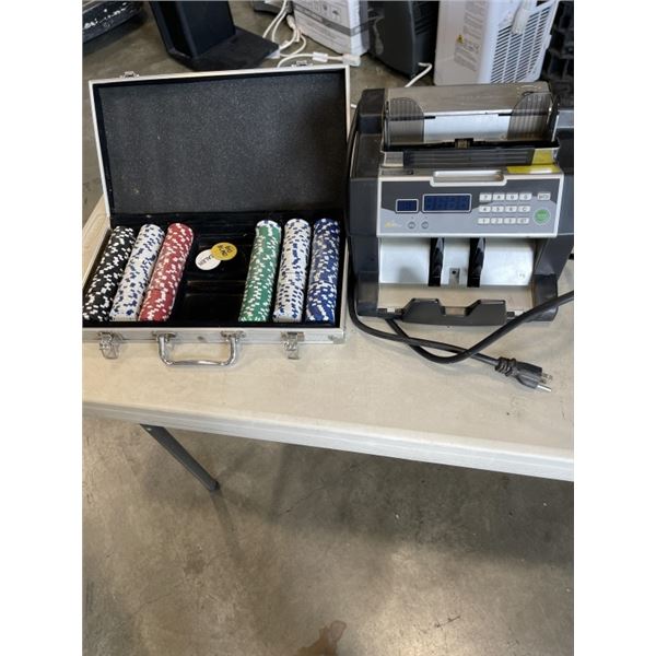 ELECTRIC MONEY COUNTER AND CASED POKER CHIP SET, PARTIAL