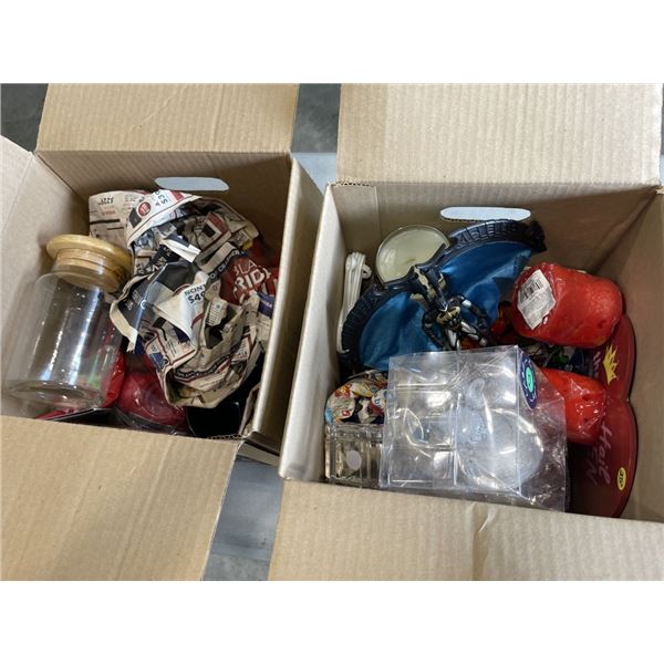 2 BOXES OF ASSORTED DECOR AND CANDLES ETC, SOME NEW