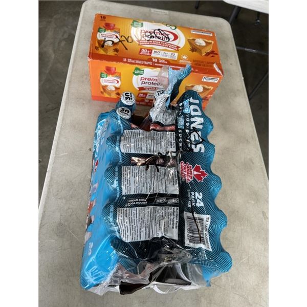 PARTIAL CASE OF JONES SODA ZERO SUGAR AND PREMIER PROTEIN DRINKS