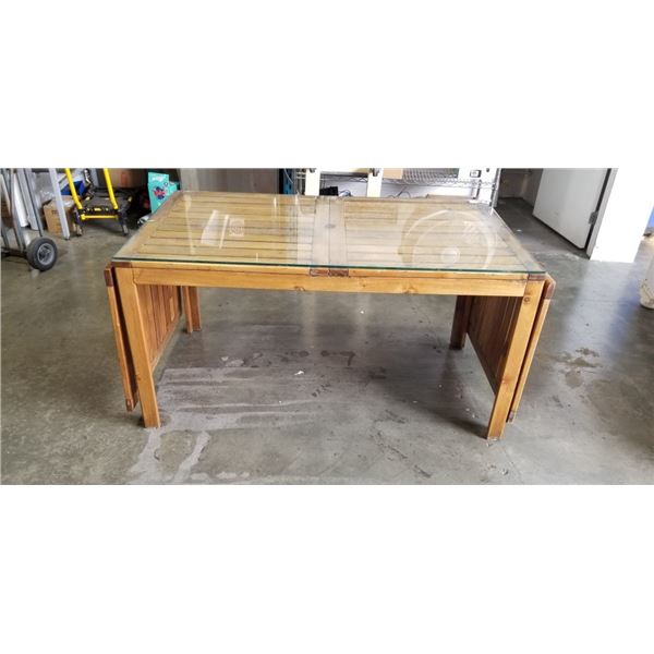 TEAK DOUBLE DROPSIDE PATIO TABLE WITH GLASS TOP