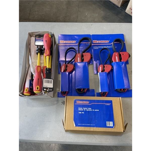 CASE OF 12 NEW WESTWARD #1 X 4 INCH INSULATED SCREWDRIVERS, NEW GREASE CONTROL VALVE, AND 2 - 2PC ST