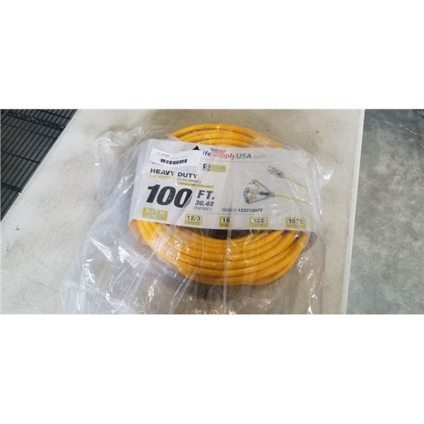 AS NEW 100FT HEAVY DUTY 3 OUTLET YELLOW EXTENSION CORD. 12AWG/3C