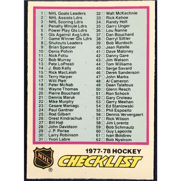 1977-78 O-PEE-CHEE NHL CHECKLIST