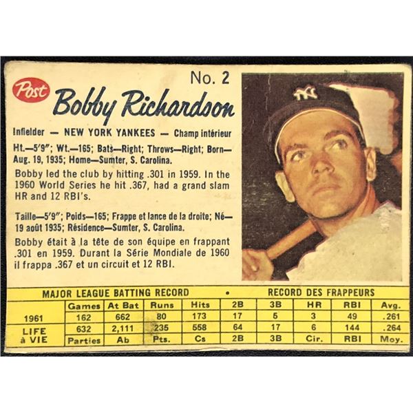1962 POST CEREAL BASEBALL BOBBY RICHARDSON