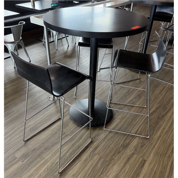 Round Table on Pedestal Base 36" Dia, 44"H & 3 Barstools w/ Curved Molded Seat & Wire Sled Base 16" 