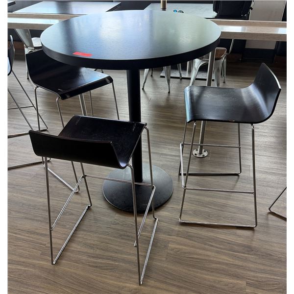 Round Table on Pedestal Base 36" Dia, 44"H & 3 Barstools w/ Curved Molded Seat & Wire Sled Base 16" 