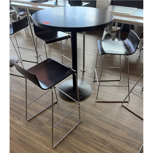Round Table on Pedestal Base 36" Dia, 44"H & 3 Barstools w/ Curved Molded Seat & Wire Sled Base 16" 