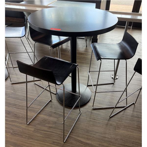 Round Table on Pedestal Base 36" Dia, 44"H & 3 Barstools w/ Curved Molded Seat & Wire Sled Base 16" 