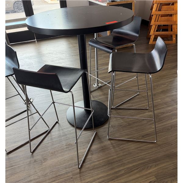 Round Table on Pedestal Base 36" Dia, 44"H & 3 Barstools w/ Curved Molded Seat & Wire Sled Base 16" 