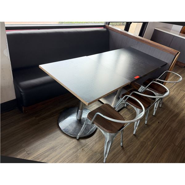 Qty 2 Rectangular Tables 48" (each) x 30" w/ Bench Seat 82"L & 3 Metal Chairs 14.5" x 37"H