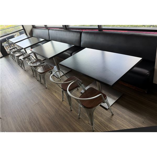 Qty 4 Rectangular Tables 48" (each) x 30" x 30"H w/ 2 Bench Seats & 8 Metal Chairs 14.5" x 37"H