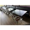 Image 1 : Qty 4 Rectangular Tables 48" (each) x 30" x 30"H w/ 2 Bench Seats & 8 Metal Chairs 14.5" x 37"H