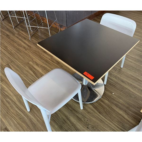 Square Table on Pedestal Base 28" x 30"  w/ 2 White Chairs 16.5" x 16" x 31"H
