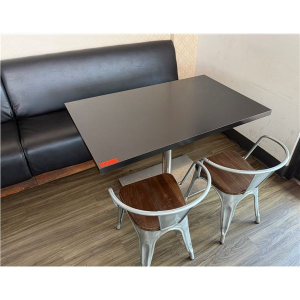 Rectangular Table on Pedestal Base 48" x 30" w/ Bench Seat & 2 Metal Chairs 16.5" x 16" x 31"H