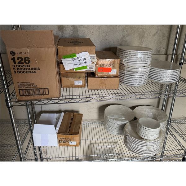 Contents of Shelf: Multiple Plates, Collins Glasses, Flatware, etc Misc Sizes (shelf not included)