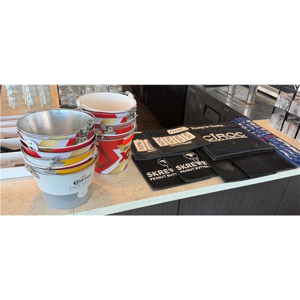 Multiple Corona Premier & Dos Equis Beer Buckets w/ Misc Branded Bar Mats