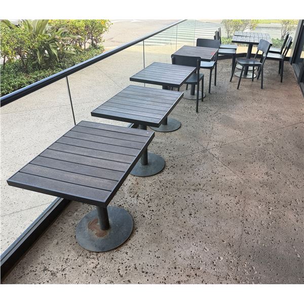Qty 4 Wooden Tables on Pedestal Bases 30" x 24" x 30"H w/ Multiple Chairs 16" x 16" x 32"
