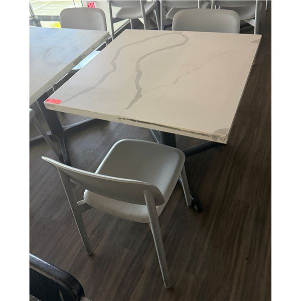 Square Table on Pedestal Base 35" x 35" x 30"  w/ Stone Top & 2 White Chairs 16" x 16" x 31"H