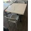 Image 1 : Square Table on Pedestal Base 35" x 35" x 30"  w/ Stone Top & 2 White Chairs 16" x 16" x 31"H