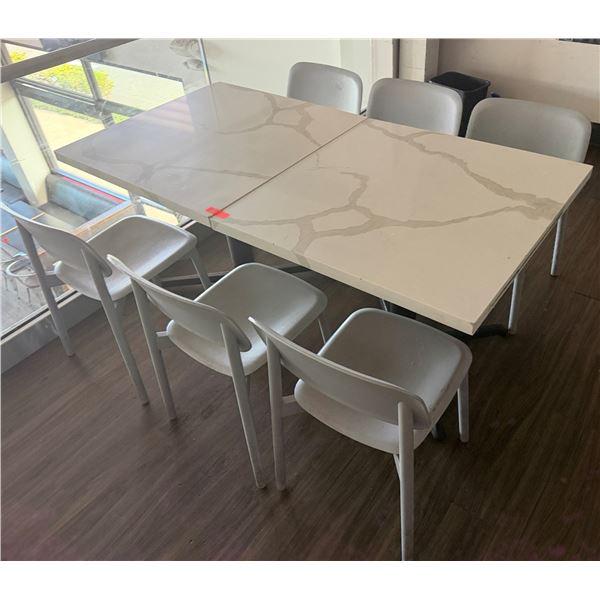 Qty 2 Tables 35" x 35" x 30"H w/ Stone Top & 6 White Chairs 16" x 16" x 31"H