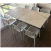 Image 1 : Qty 2 Tables 35" x 35" x 30"H w/ Stone Top & 6 White Chairs 16" x 16" x 31"H