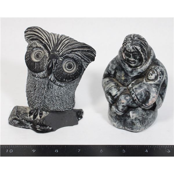 INUIT FIGURINE WITH BABY AND OWL CHIPS PRESENT
