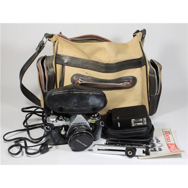 VINTAGE ASAHI PENTAX CAMERA & BAG WITH ACCESSORIES
