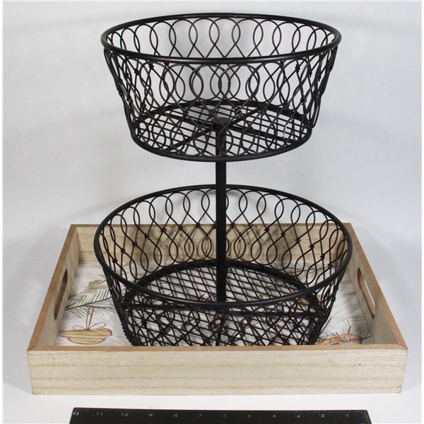 TWO-TIER WIRE BASKET STAND & TIS THE SEASON WOOD