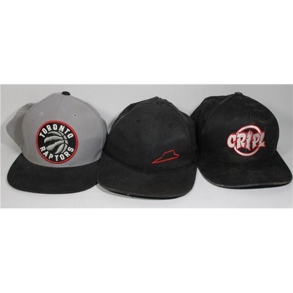 THREE COLLECTIBLE BALL CAPS, PIZZA HUT, NBA,