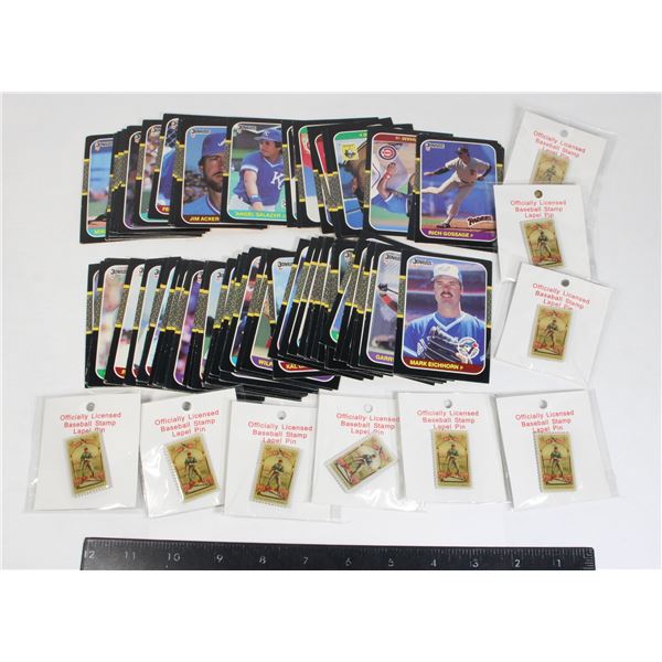 LOT OF VINTAGE BASEBALL CARDS AND STAMP LAPEL PINS