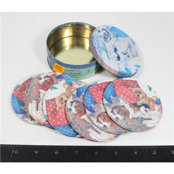 ROUND TIN OF VINTAGE JSNY CAT AND DOG COASTERS