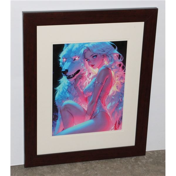 NEON WOLF ANIME GIRL FRAMED PICTURE