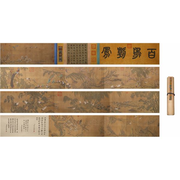 SHEN QUAN OF THE QING DYNASTY (1682-1762) "A HUNDRED BIRDS PAYING HOMAGE TO THE PHOENIX" ON SILK, A 