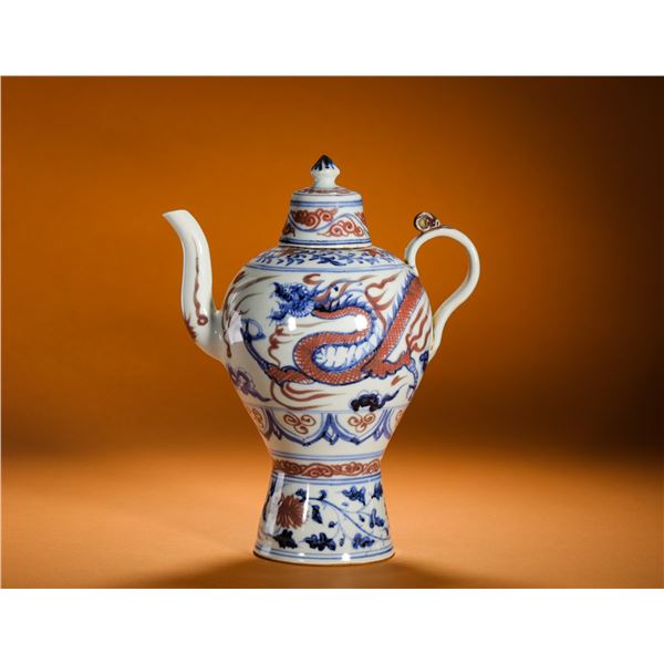 YUAN DYNASTY BLUE AND WHITE UNDERGLAZE RED DRAGON PATTERN EWER