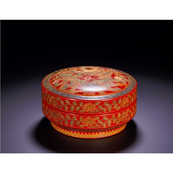 QING DYNASTY GILDED LACQUERED DRAGON PATTERN ROUND LID BOX