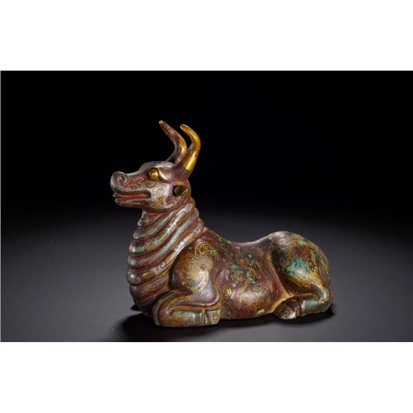 HAN DYNASTY BRONZE INLAID GOLD AND SILVER OX TOWN