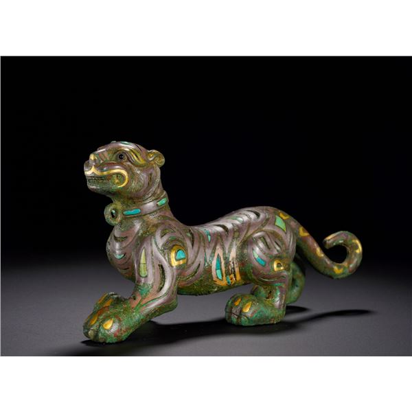 HAN DYNASTY BRONZE INLAID WITH GOLD AND SILVER INLAID WITH TURQUOISE RUNNING TIGER