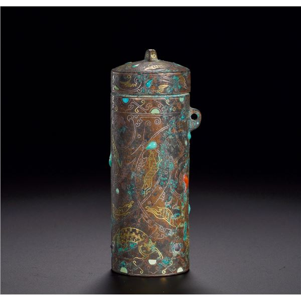 HAN DYNASTY BRONZE INLAID WITH GOLD AND SILVER INLAID WITH AUSPICIOUS BEAST PATTERN TUBE