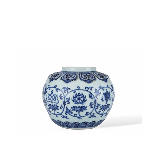 MING XUANDE BLUE AND WHITE LOTUS WITH EIGHT TREASURES PATTERN JAR